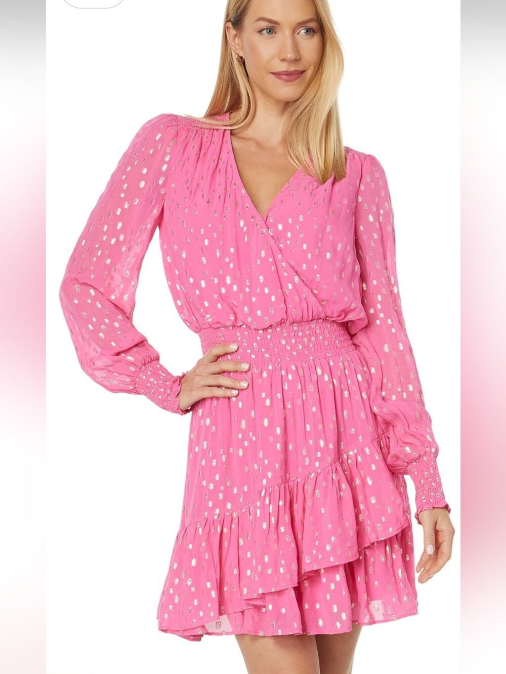 Lilly Pulitzer Cristiana Pink Long-Sleeve V-Neck Ruffle Dress Size 8